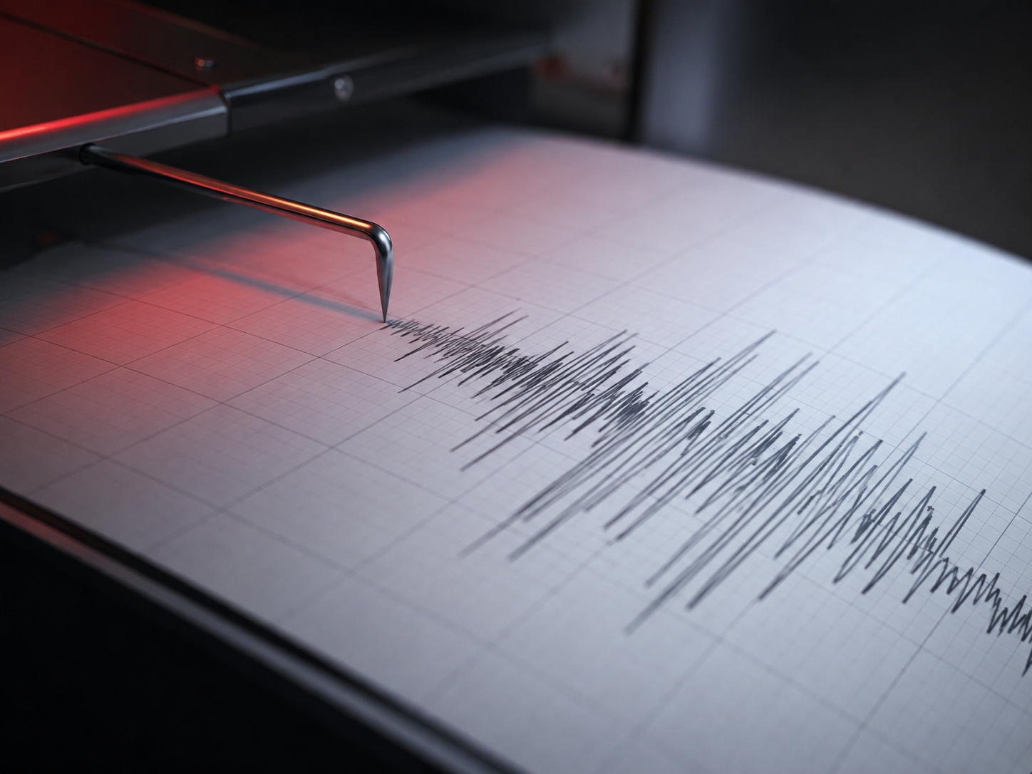 A seismograph needle tracing a continuous line on a rotating drum as the ground moves.