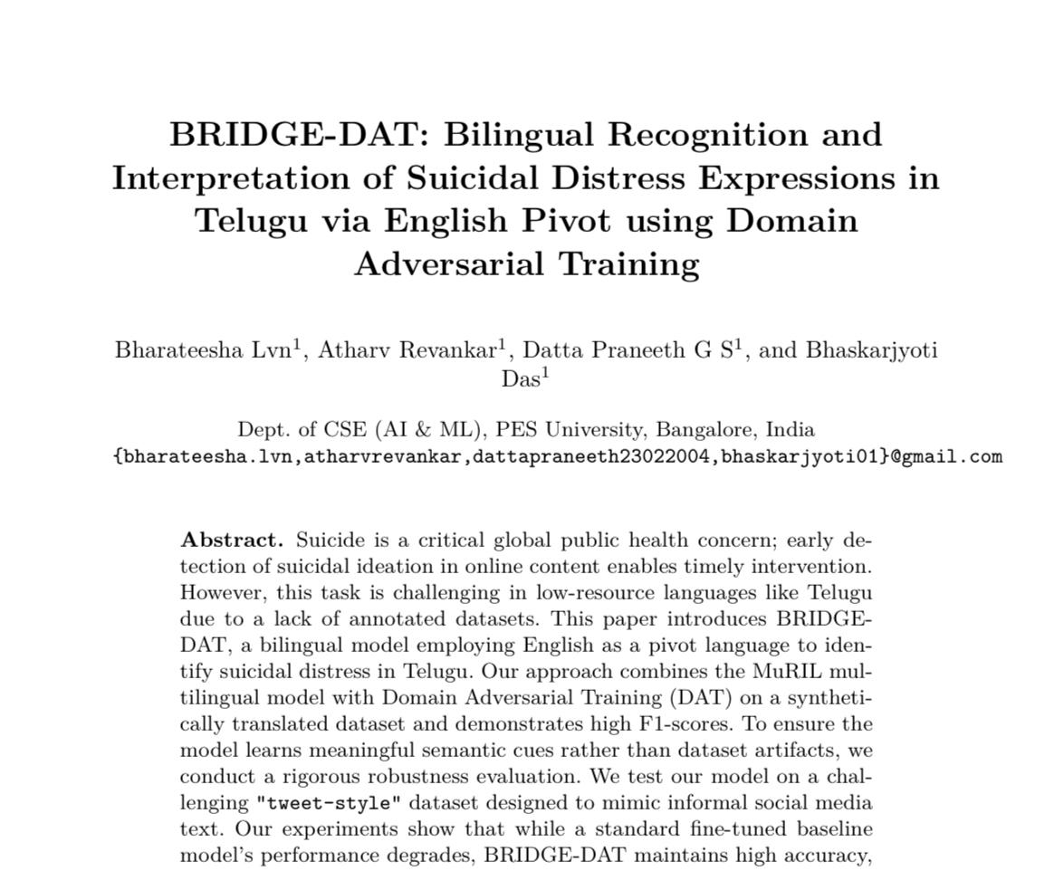 BRIDGE-DAT: Bilingual Suicidal Distress Detection in Telugu via English Pivot Using DAT figure